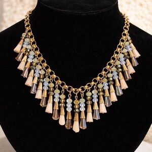 Vintage Natasha Silver Tone Beaded Fringe Statement Necklace Bib Style